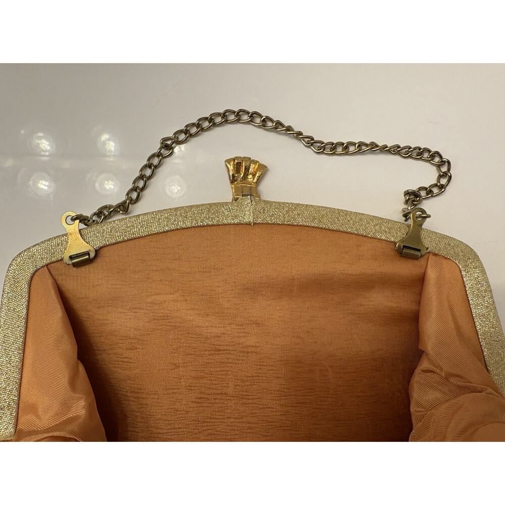 Vintage Gold Clasp Closure Handbag Metallic 8x5.5 Attached Chain Handle - Picture 5 of 6